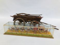 VINTAGE HAND MADE WOODEN CART AND A CORONATION HORSE AND CARRIAGE IN GLAZED DISPLAY CASE.