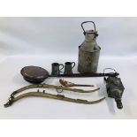 A GROUP OF METALWARE TO INCLUDE COPPER BED WARMING PAN, PEWTER TANKARDS,