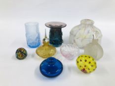 A GROUP OF ART GLASS TO INCLUDE A VASE MARKED MADINA AND ONE OTHER SIMILAR UNMARKED EXAMPLE,