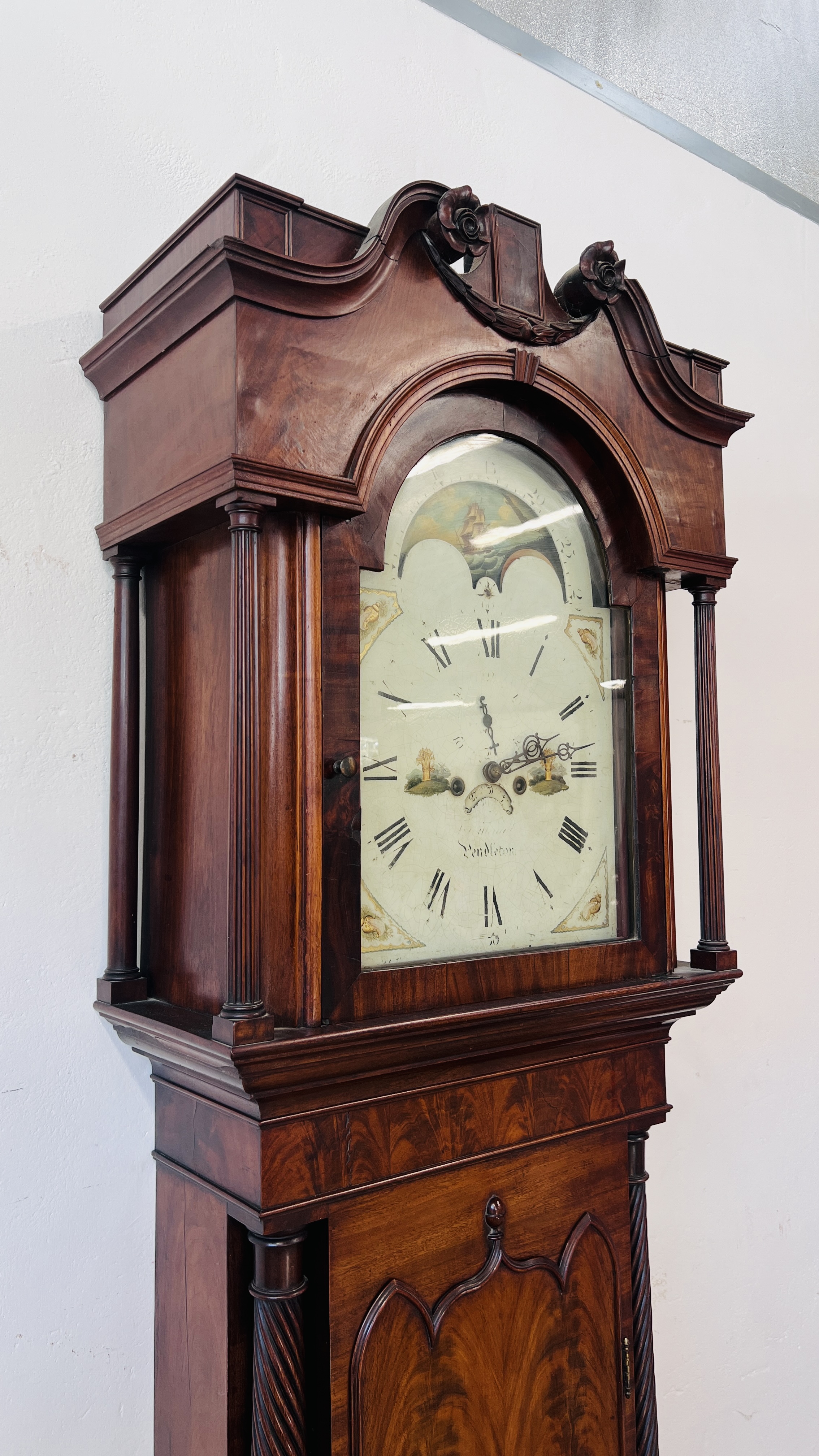 A MAHOGANY LONG CASE CLOCK ARCHED HAND PAINTED MOON PHASE DIAL. - Image 3 of 35