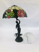 A REPRODUCTION TABLE LAMP IN THE FORM OF A STANDING LADY WITH A TIFFANY STYLE LAMP SHADE A/F + A