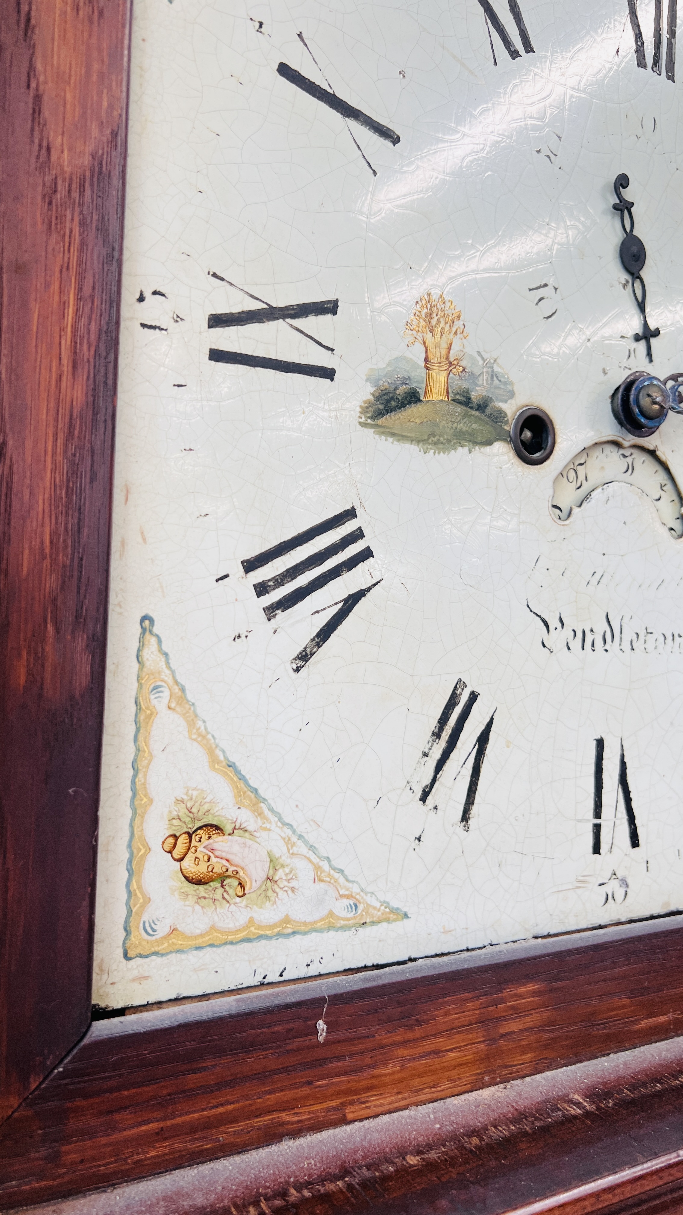 A MAHOGANY LONG CASE CLOCK ARCHED HAND PAINTED MOON PHASE DIAL. - Image 24 of 35