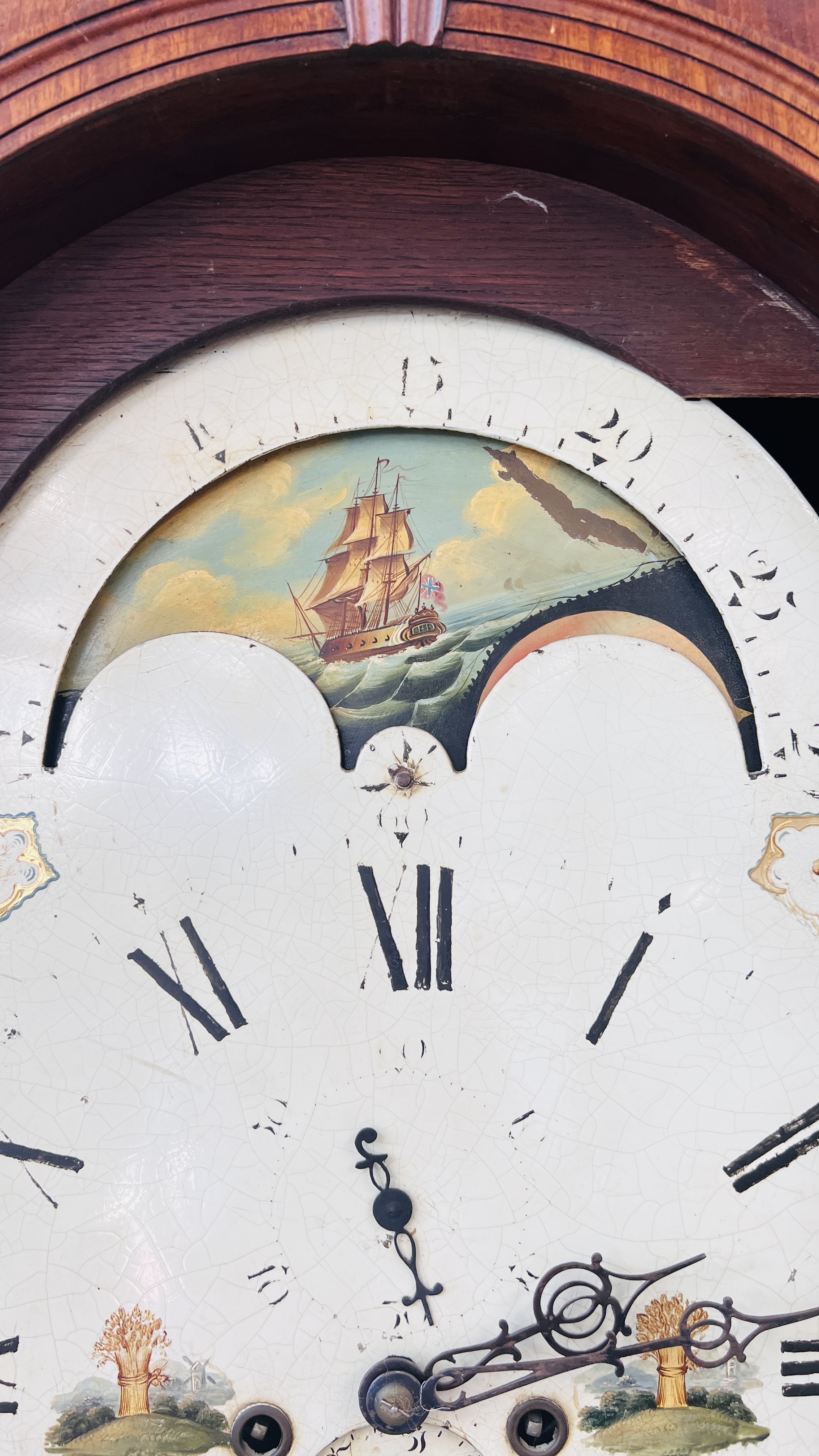 A MAHOGANY LONG CASE CLOCK ARCHED HAND PAINTED MOON PHASE DIAL. - Image 23 of 35