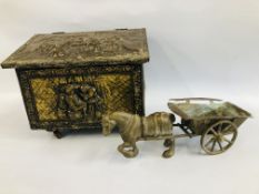 A VINTAGE BRASS EMBOSSED COAL BOX A/F HINGE ALONG WITH SOLID BRASS HORSE AND CART ORNAMENT.