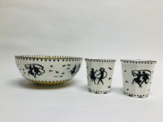 A PAIR OF CARLTON WARE BLACK AND WHITE POTS DEPICTING DANCERS H 10CM ALONG WITH A SIMILAR BOWL