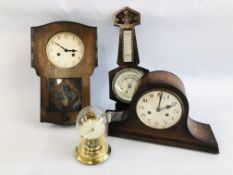 A VINTAGE OAK CASED MANTEL CLOCK AND BAROMETER,