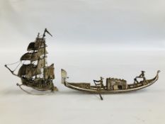 2 WHITE METAL MODEL BOATS TO INCLUDE A FILIGREE EXAMPLE 18CM.