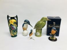 A GROUP OF KINGFISHER CABINET ORNAMENTS TO INCLUDE A ROYAL DOULTON,