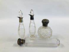 A SCENT BOTTLE OF FACETED FORM WITH SILVER TOP,