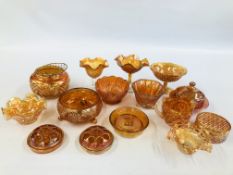 A GROUP OF 13 PIECES OF ORANGE CARNIVAL GLASSWARE TO INCLUDE STEMMED BASKETS.