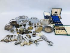 A BOX OF SILVER PLATE AND METAL WARE TO INCLUDE CUTLERY, SAUCE BOATS, SALTS ETC.