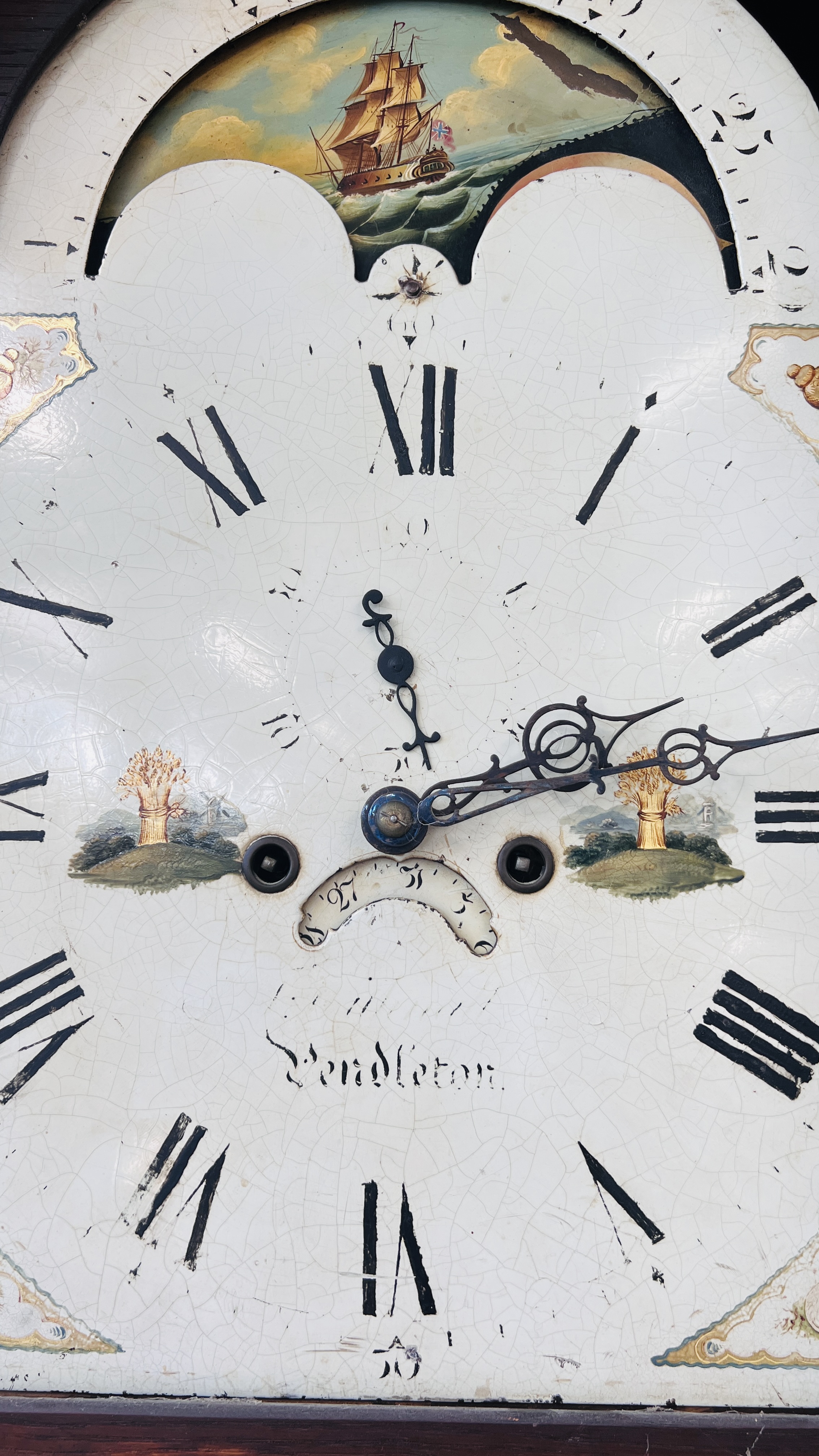 A MAHOGANY LONG CASE CLOCK ARCHED HAND PAINTED MOON PHASE DIAL. - Image 22 of 35