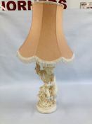 A LARGE CLASSICAL PLASTER TABLE LAMP WITH A SALMON PINK FRINGED SHADE (H69CM NOT INCLUDING SHADE,