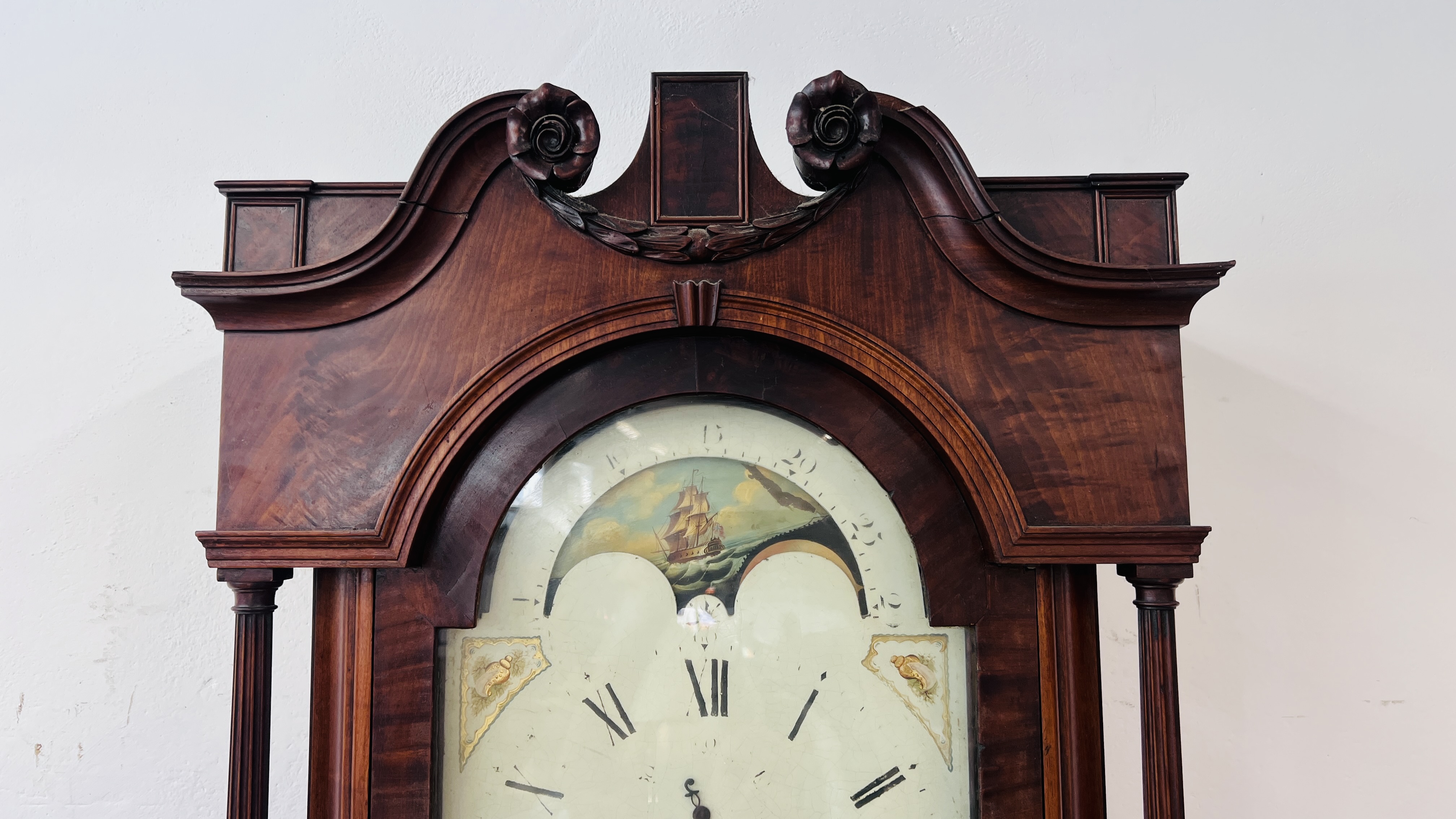 A MAHOGANY LONG CASE CLOCK ARCHED HAND PAINTED MOON PHASE DIAL. - Image 5 of 35