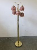 A MODERN BRASS FINISH STANDARD LAMP WITH FIVE PALE PINK GLASS SHADES - SOLD AS SEEN.
