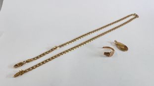 A 9CT GOLD FLATLINK CHAIN L 46CM WITH NAMED PENDANT ALONG WITH A BROKEN SIGNET RING.