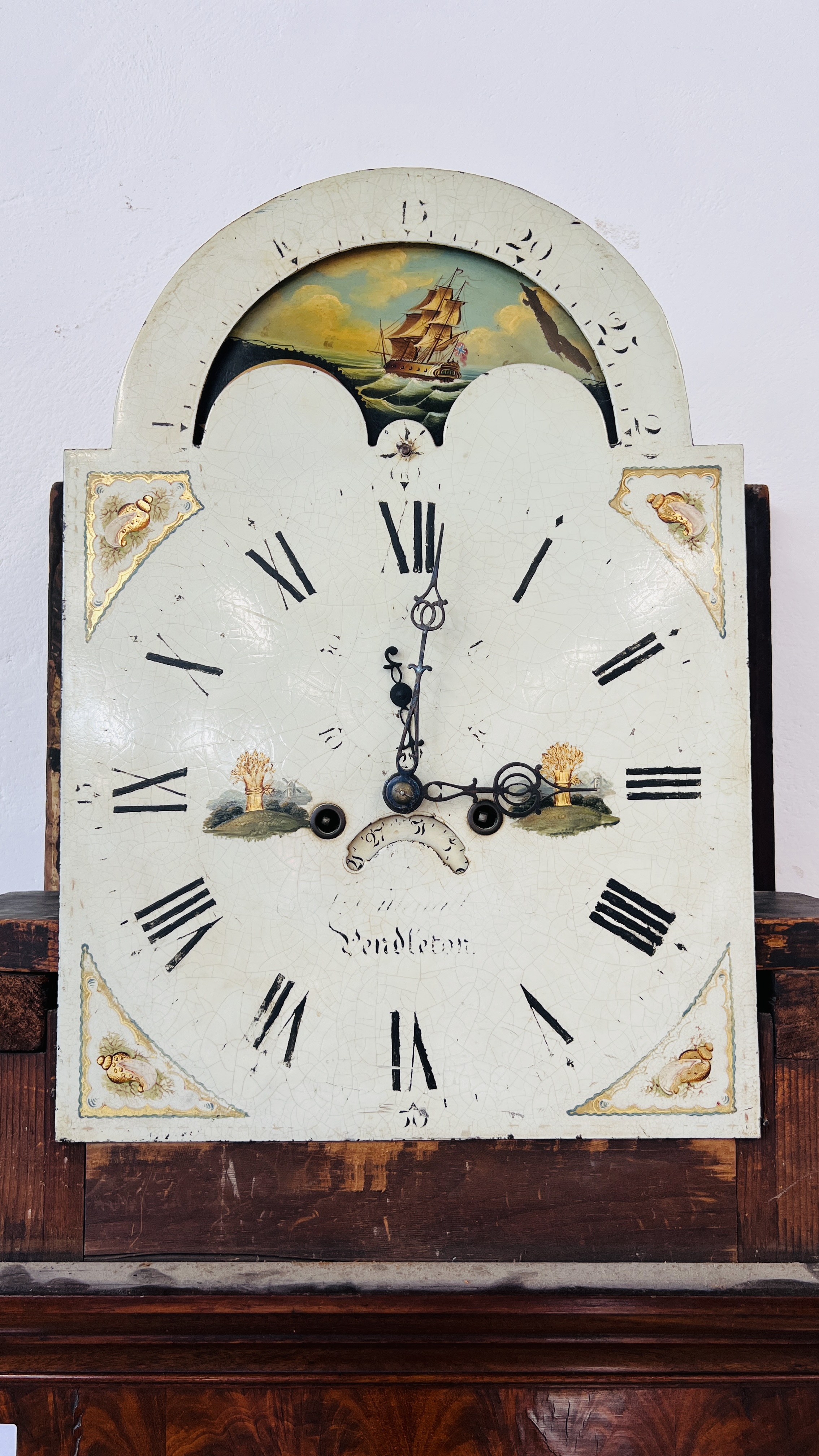 A MAHOGANY LONG CASE CLOCK ARCHED HAND PAINTED MOON PHASE DIAL. - Image 28 of 35