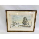 AN ORIGINAL FRAMED WATERCOLOUR AND INK NORFOLK WINTER LANDSCAPE WITH PHEASANTS BEARING SIGNATURE