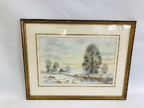 AN ORIGINAL FRAMED WATERCOLOUR AND INK NORFOLK WINTER LANDSCAPE WITH PHEASANTS BEARING SIGNATURE