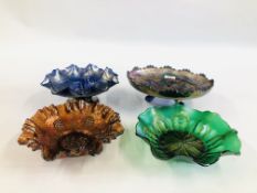 A GROUP OF 4 CARNIVAL GLASS BOWLS TO INCLUDE STAG DESIGN