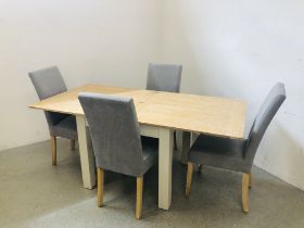 A MODERN DESIGNER EXTENDING DINING TABLE AND A SET OF FOUR GREY UPHOLSTERED DINING CHAIRS IN THE