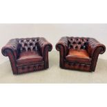 A PAIR OF CHESTERFIELD BUTTON BACK LEATHER CLUB CHAIRS WITH STUD DETAIL