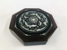 AN OCTAGONAL ORIENTAL JEWELLERY BOX WITH MOTHER OF PEARL INLAY + A VINTAGE SEKONDA PENDANT WATCH