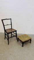 A VICTORIAN WOVEN SEAT BLACK LACQUERED CHAIR WITH MOTHER OF PEARL DETAILING A/F ALONG WITH GEORGIAN