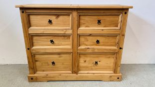 A MEXICAN PINE CORONA SIX DRAWER CHEST, W 133CM X D 49CM X H 105CM.