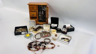 JEWELLERY BOX AND CONTENTS + A TRAY OF ASSORTED COSTUME JEWELLERY BEADS AND EARRINGS,