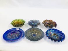 A GROUP OF 6 VARIOUS CARNIVAL LUSTRE GLASS BOWLS AND PLATES VARIOUS DESIGNS TO INCLUDE IRIDESCENT