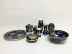 A GROUP OF 9 PIECES OF CARLTON WARE LUSTRE, ALL PIECES HAVING A PREDOMINANTLY BLUE BACKGROUND,