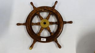 A VINTAGE WOODEN SHIPS WHEEL, DIAMETER 49CM.