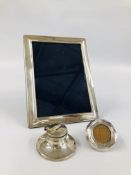 TWO SILVER PHOTO FRAMES AND A SILVER CAPSTAN INKWELL.