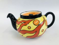 A LORNA BAILEY TEAPOT, RARE "INFERNO" DESIGN, BEARING SIGNATURE - L 20CM X H 10CM.