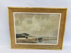 A FRAMED OIL ON CANVAS HORSE AND CART ON COAST BEARING SIGNATURE J. MAREC 62CM W X 45CM H.