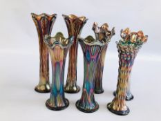 TWO PAIRS OF CARNIVAL GLASS "JACK IN THE PULPIT" VASES ALONG WITH 3 SINGLE EXAMPLES (TALLEST H