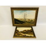 A FRAMED OIL ON CANVAS LANDSCAPE BEARING SIGNATURE M CARVER 1980 64CM W X 44CM H ALONG WITH A