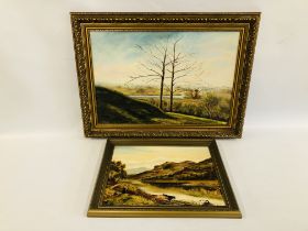 A FRAMED OIL ON CANVAS LANDSCAPE BEARING SIGNATURE M CARVER 1980 64CM W X 44CM H ALONG WITH A