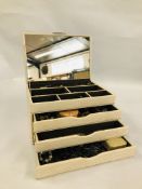 A MULTI DRAWER JEWELLERY BOX CONTAINING 9CT GOLD, SILVER AND DRESS JEWELLERY.