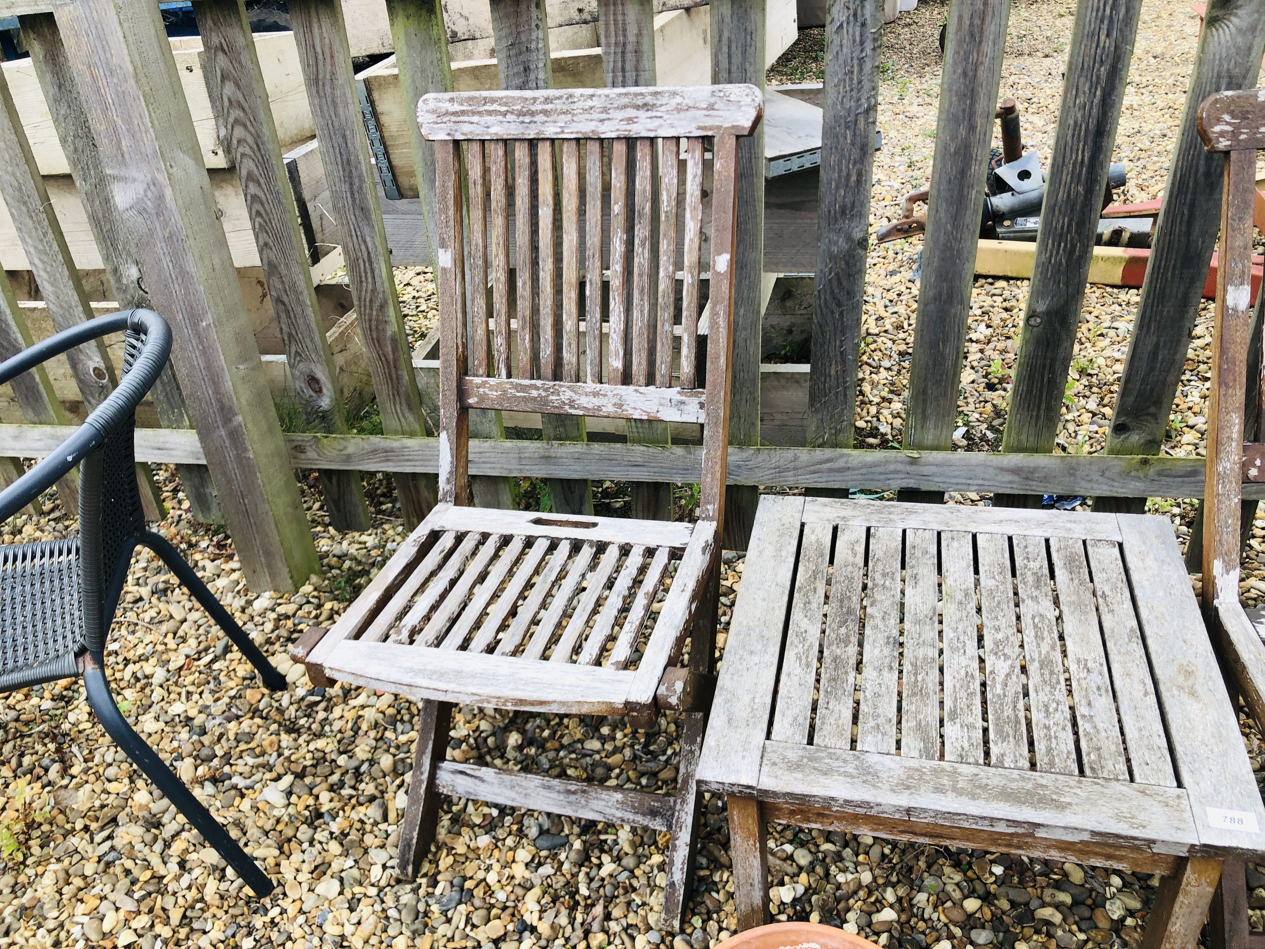 TWO FOLDING HARDWOOD GARDEN CHAIRS AND HARDWOOD DRINKS TABLE. - Image 3 of 5