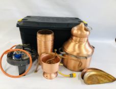 A COPPER STILL COMPLETE WITH VIPER GAS STOVE ALONG WITH LARGE BLACK PLASTIC STORAGE WHEELED