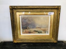 A FRAMED AND MOUNTED 19TH CENTURY WATERCOLOUR TREKKING SCENE. 23CM W X 15CM H.