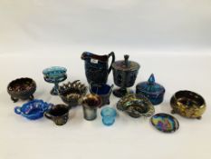 AN EXTENSIVE GROUP OF DEEP LUSTRE CARNIVAL GLASS WARES TO INCLUDE LIDDED URN, BOWLS,