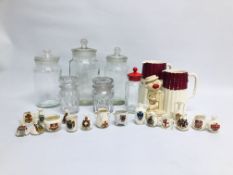 3 LARGE GLASS KILNER STYLE STORAGE JARS ALONG WITH 3 SMALLER EXAMPLES ALONG WITH 2 VINTAGE