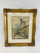 A GILT FRAMED WATERCOLOUR OF A WINDMILL BEARING SIGNATURE J. GODDARD 27CM H X 27CM W.