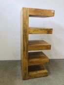 A MODERN DESIGNER HARDWOOD FIVE TIER OPEN SHELVING UNIT, W 54CM X D 41CM X H 132CM.