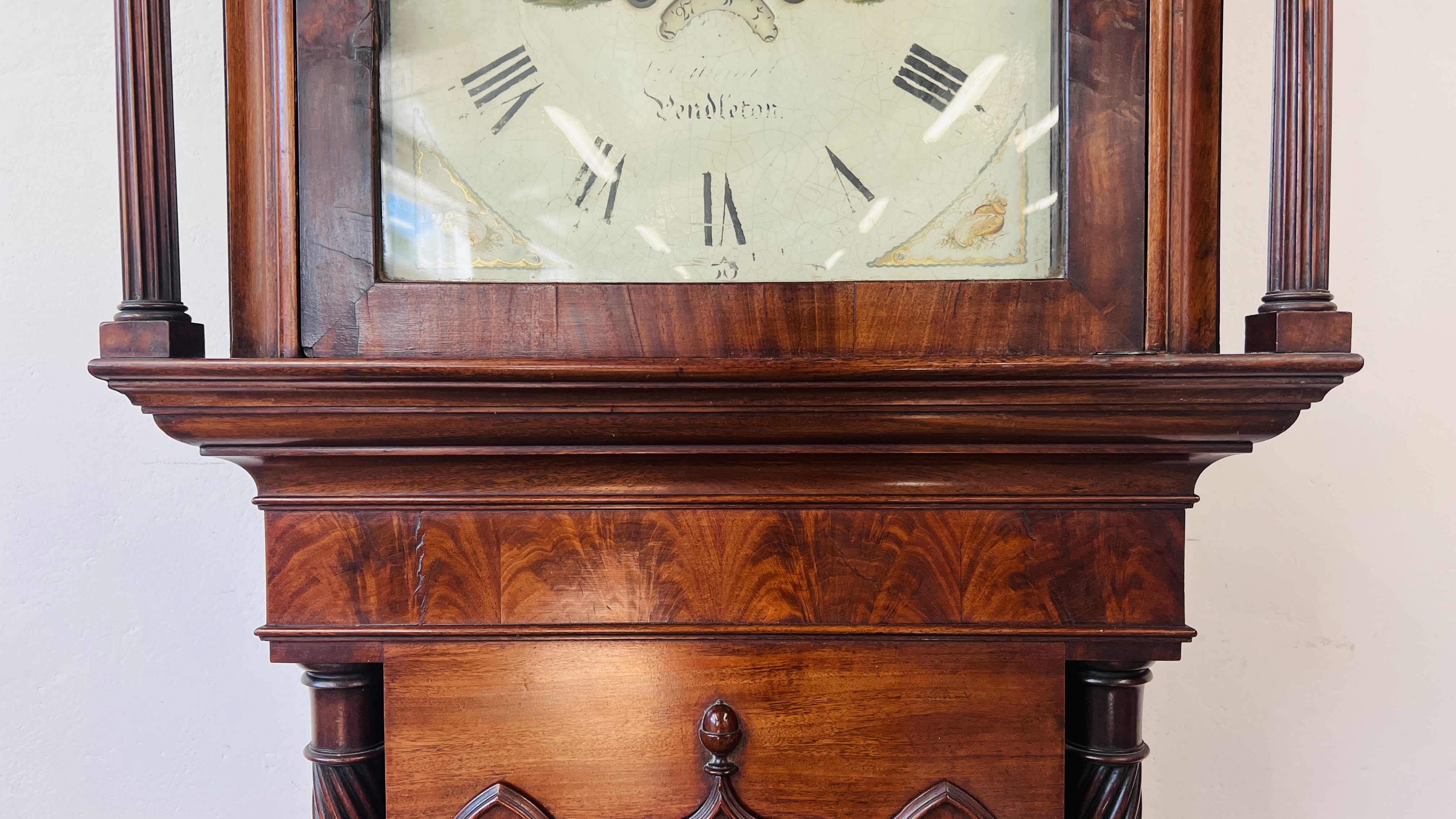 A MAHOGANY LONG CASE CLOCK ARCHED HAND PAINTED MOON PHASE DIAL. - Image 6 of 35