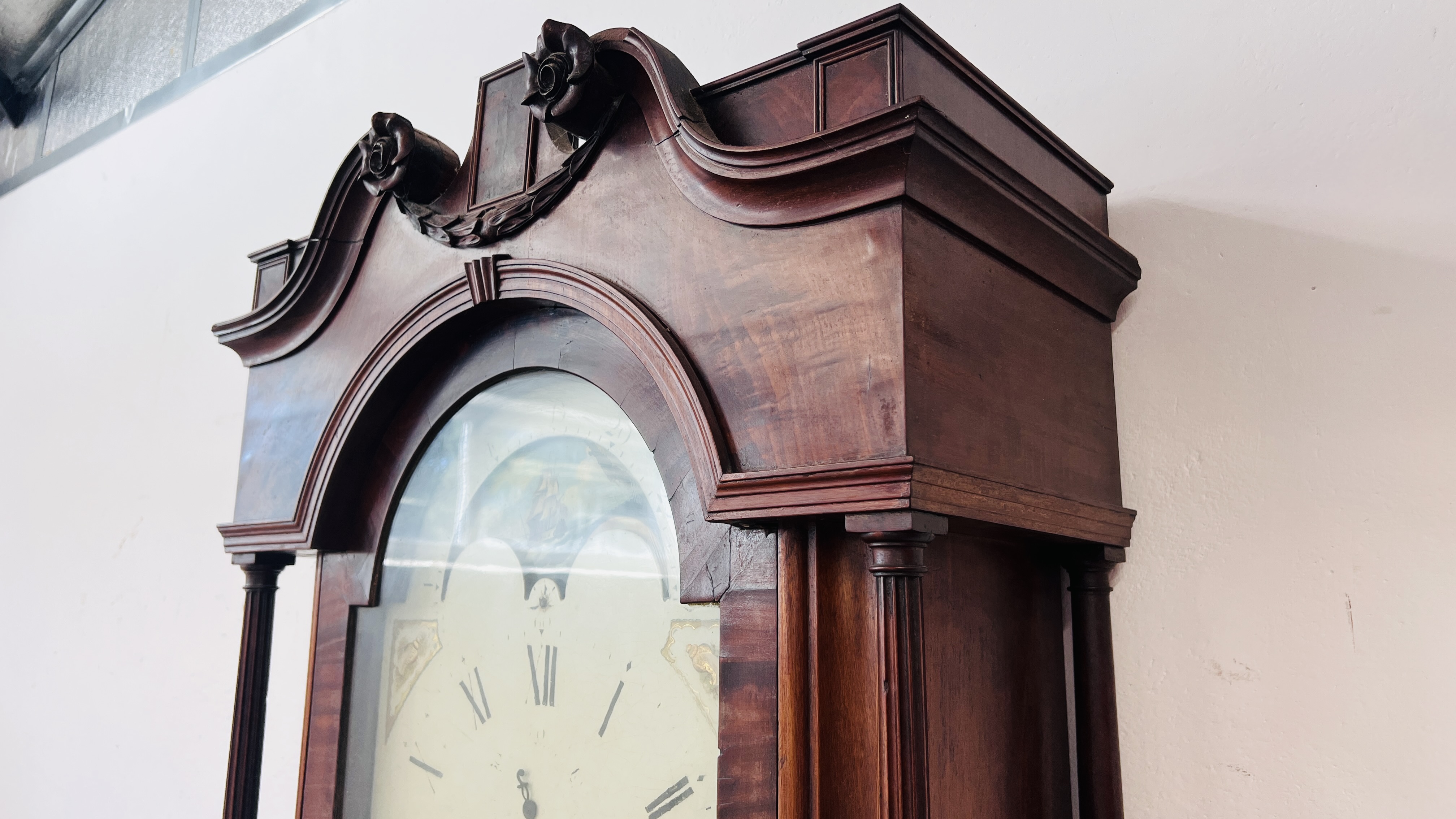 A MAHOGANY LONG CASE CLOCK ARCHED HAND PAINTED MOON PHASE DIAL. - Image 15 of 35
