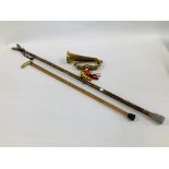 A VINTAGE BRASS BUGLE, BRASS TOP WALKING STICK, THUMB STICK.